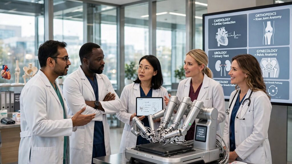 Medical specialists reviewing robotic-assisted surgical technology