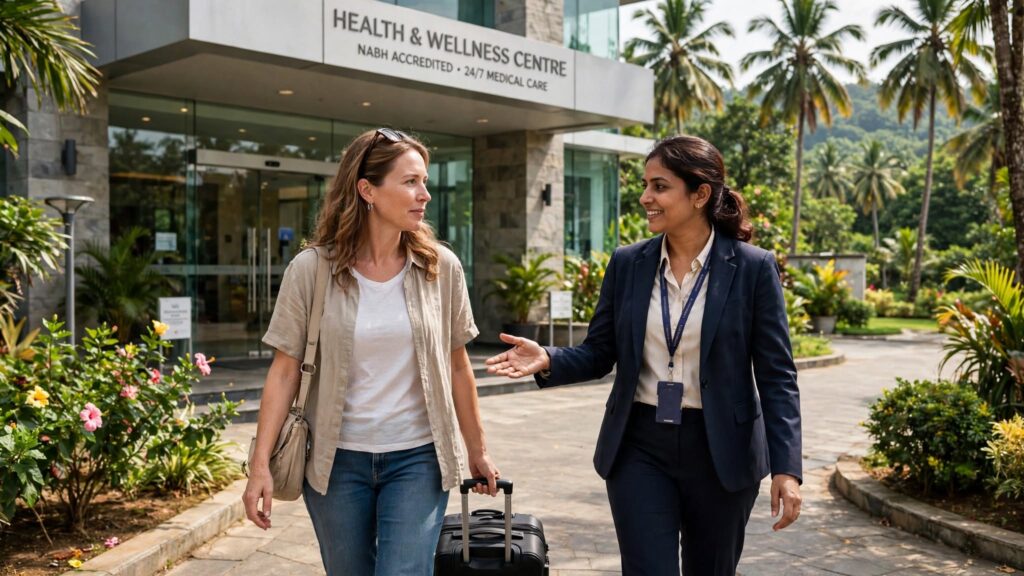 International patient arriving at a modern hospital in Kerala with a healthcare coordinator