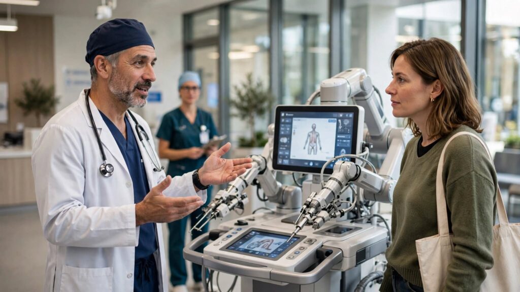 Surgeon explaining robotic-assisted surgical technology to a patient