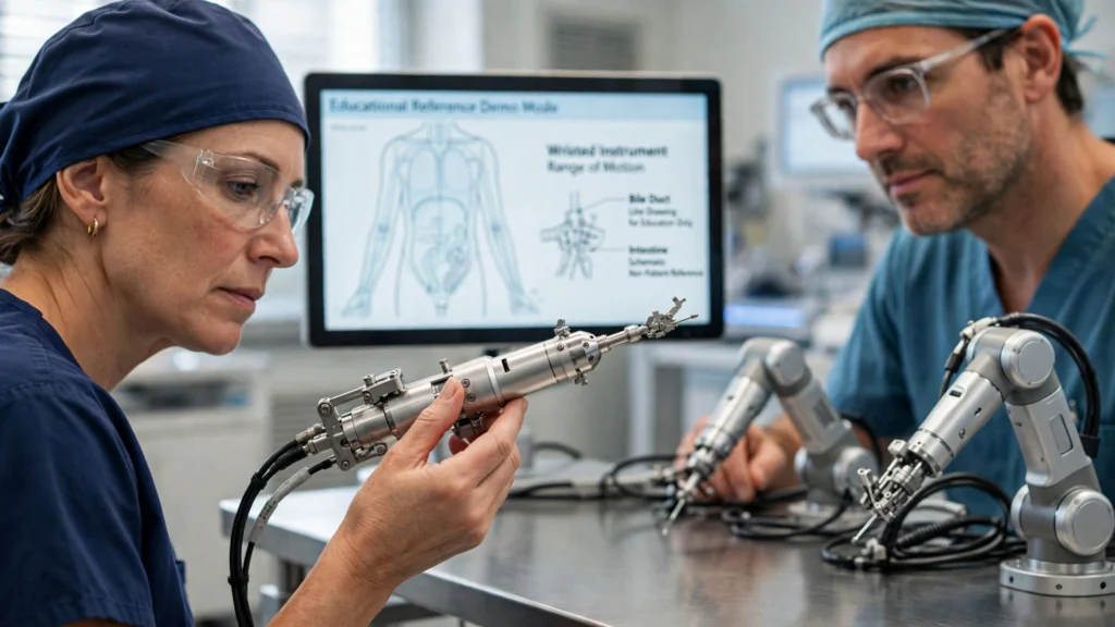 Surgeon examining precision instruments used in robotic-assisted surgery