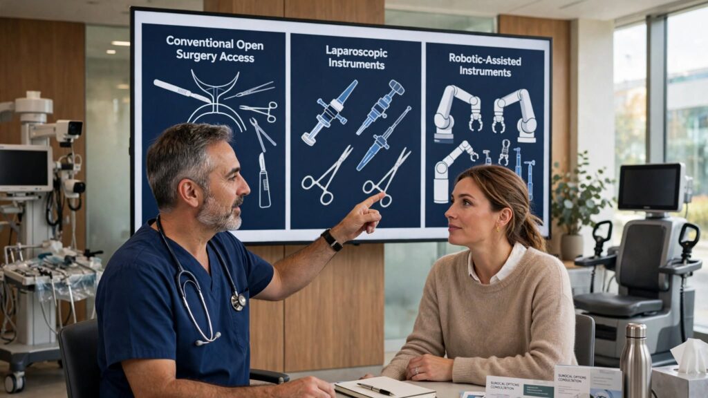 Surgeon explaining robotic, laparoscopic and open surgical approaches