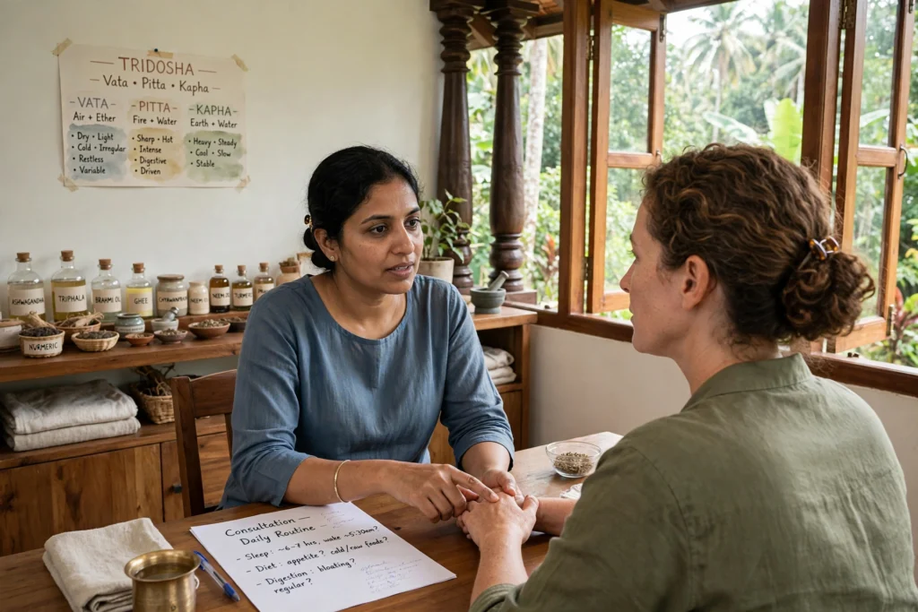 Ayurvedic practitioner conducting a personalized consultation with a patient
