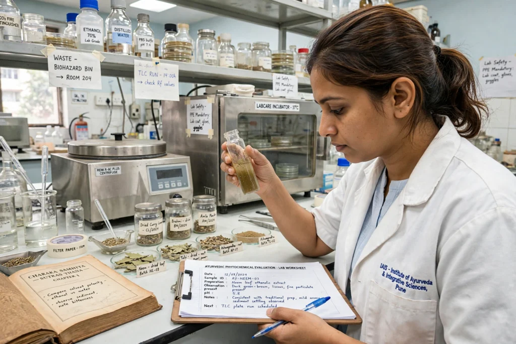 Researcher studying an Ayurvedic herbal preparation in a modern laboratory