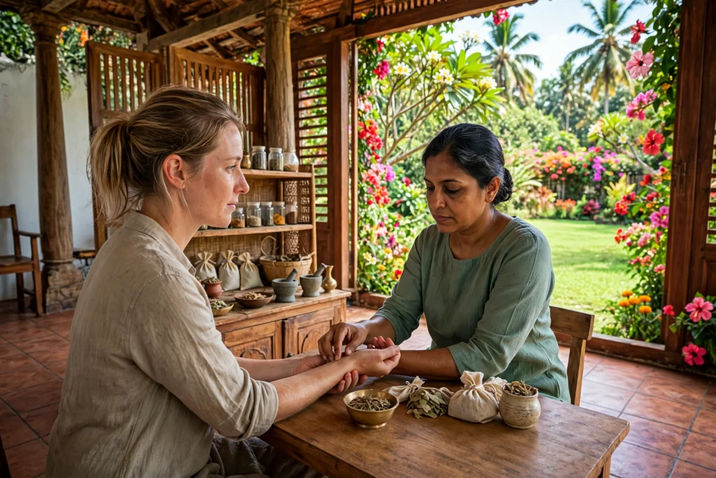 International patient receiving a traditional Ayurvedic consultation in Kerala