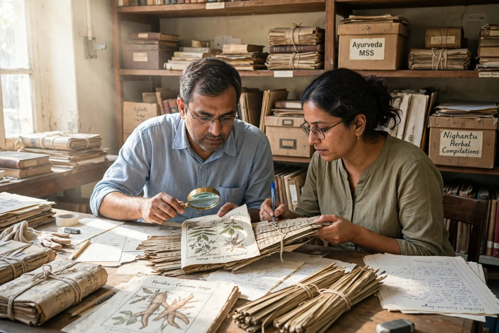 Researcher examining a historical Ayurvedic manuscript in India