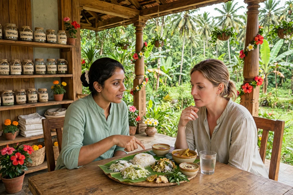 Ayurvedic practitioner discussing traditional diet with an international patient