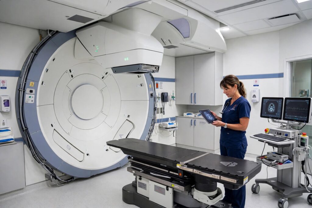 Advanced proton beam therapy equipment inside a modern international cancer treatment centre