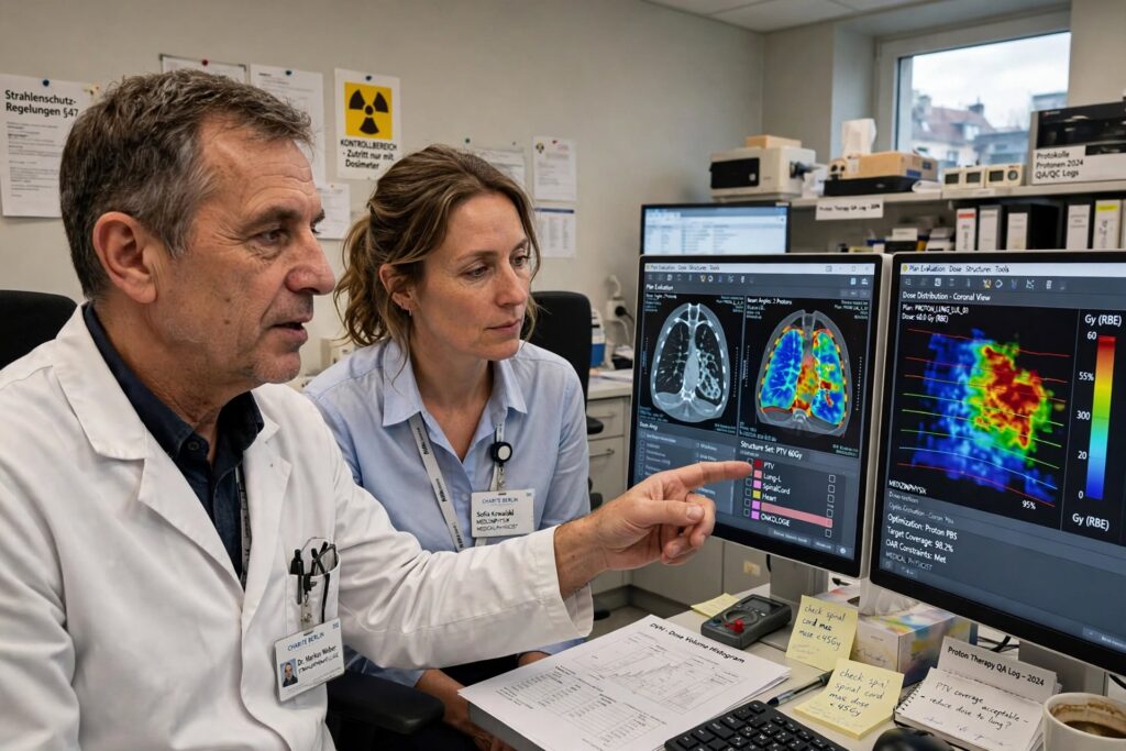 Radiation oncologist and medical physicist reviewing a proton therapy treatment plan on medical monitors