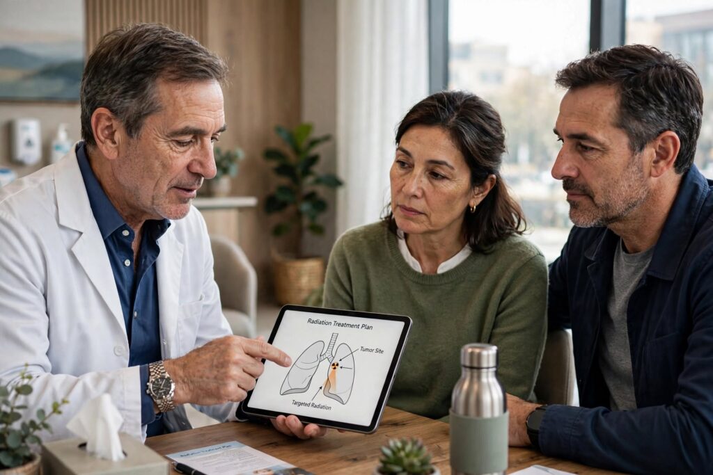 Radiation oncologist discussing proton therapy eligibility and cancer treatment options with a patient - TraveCure