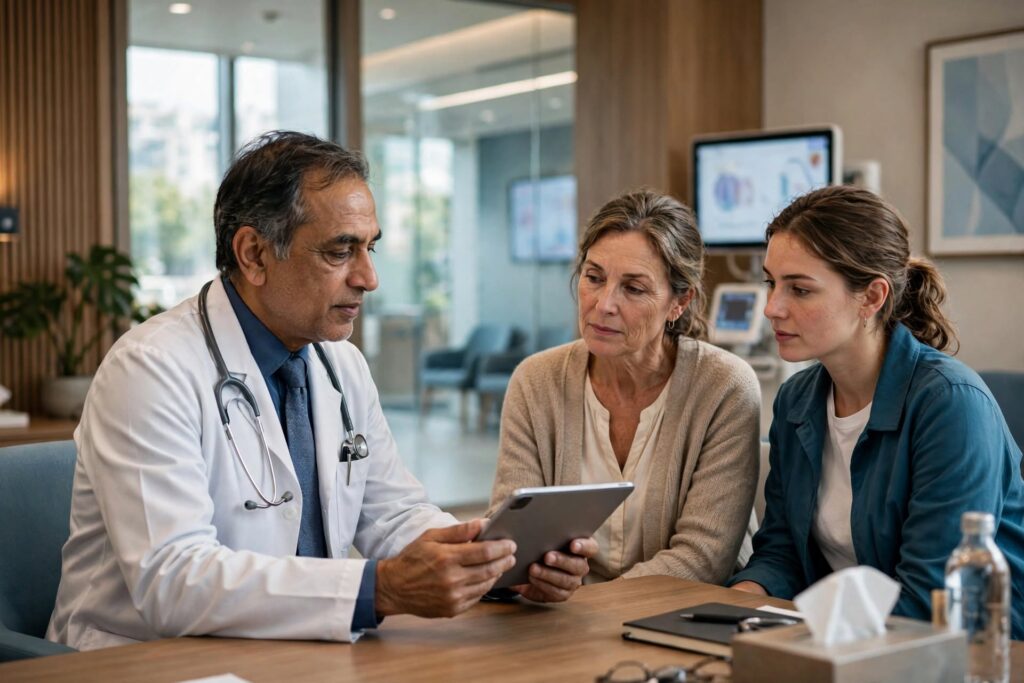 Hematologist discussing bone marrow transplant eligibility with a patient and family member.