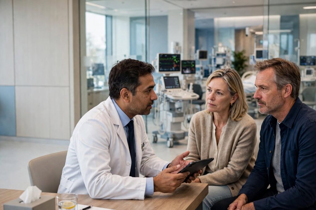 Doctor discussing bone marrow transplant treatment options with patients in a modern hospital.