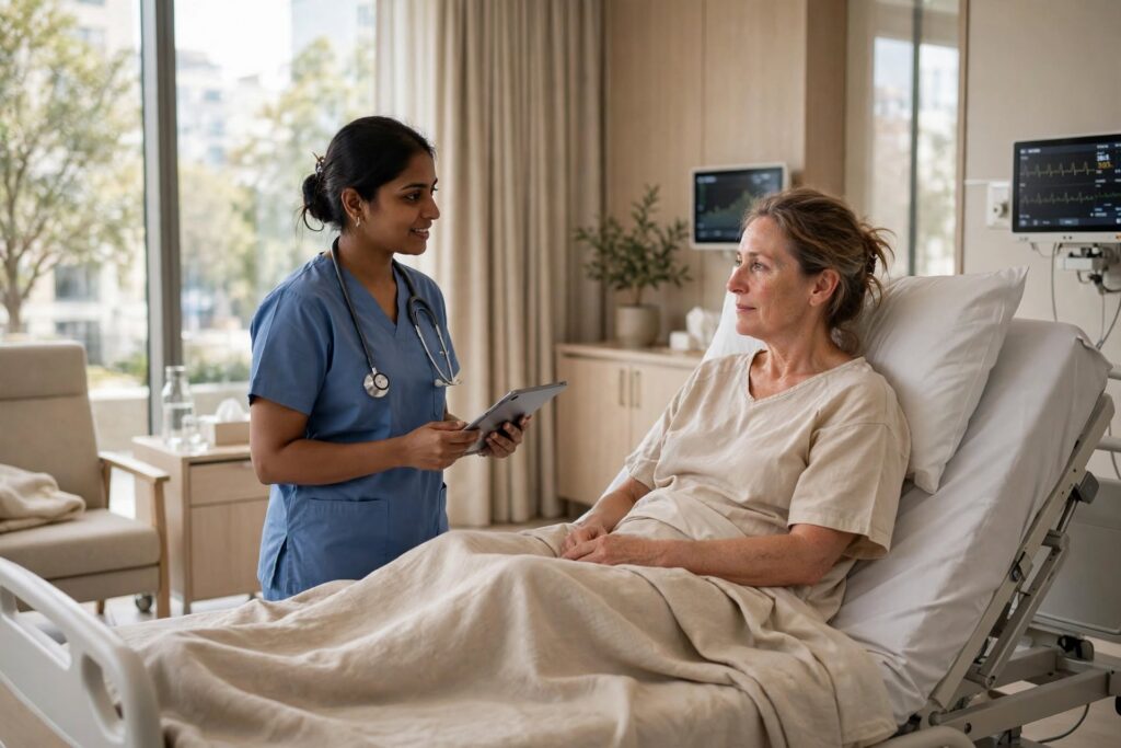 Nurse speaking with a patient in a modern private hospital recovery suite after a Bone Marrow Transplant.