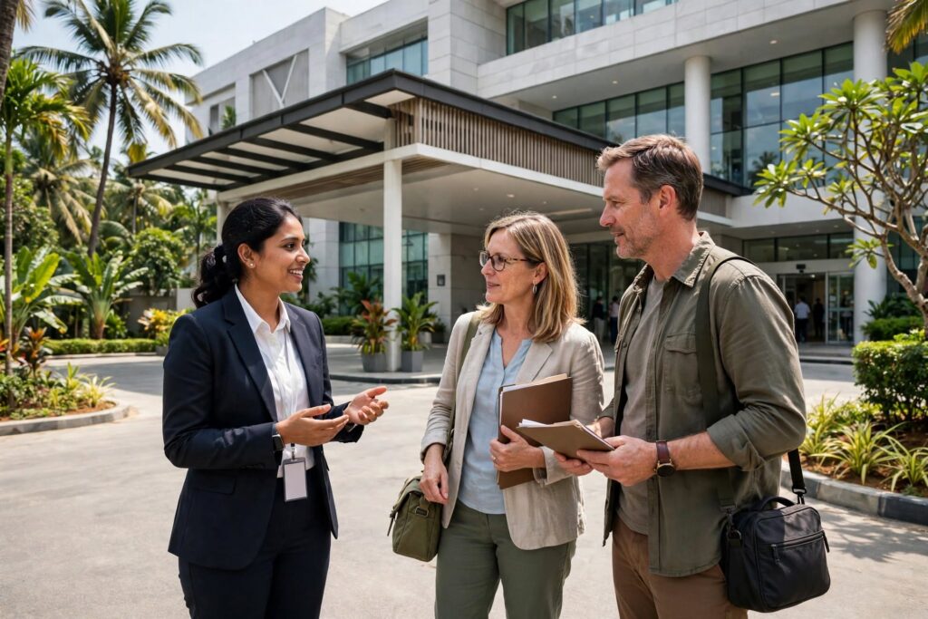 International visitors speaking with a hospital representative outside a modern hospital in Kerala.