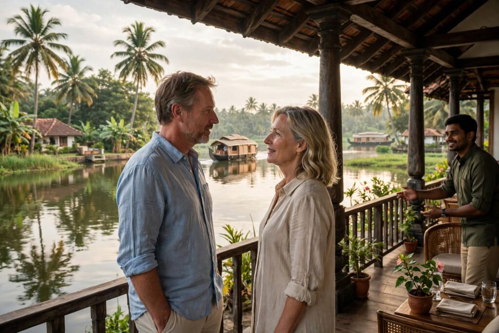 International visitors enjoying views of Kerala's scenic backwaters and tropical landscape.