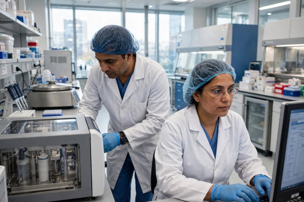 Medical laboratory specialists working with advanced equipment in a stem cell processing laboratory.