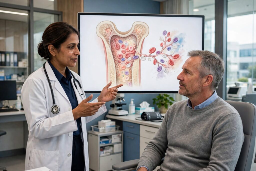 Hematologist explaining bone marrow function to a patient during a hospital consultation.